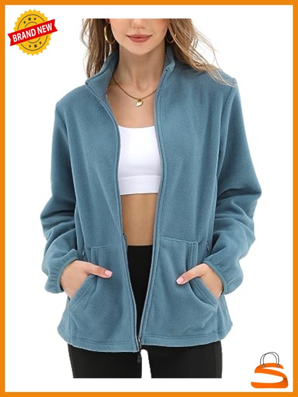 Women's Fleece Jacket with 6 Pockets Full Zip Stand Collar